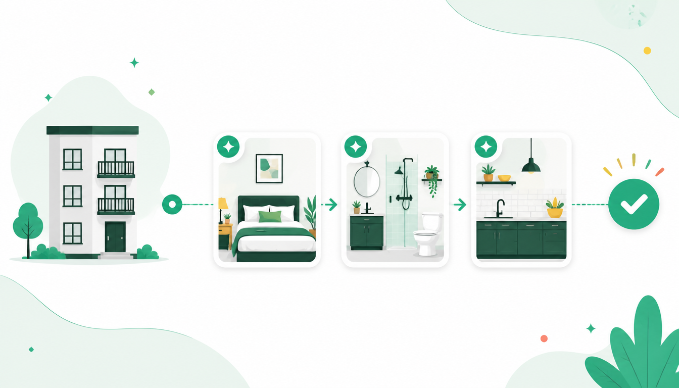 The DoTidyDone cleaning workflow: property, rooms and a ready home.